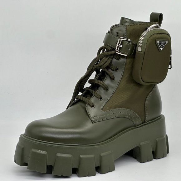 PRADA Monolith Leather Nylon Lug Sole Combat Hiking Boots Zip Pouch - Picture 1 of 16